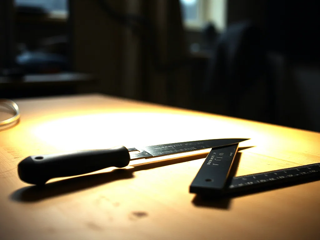 A lit cutting table with a hooked knife and a steel straightedge lying on it, the rest of the workshop dark behind.