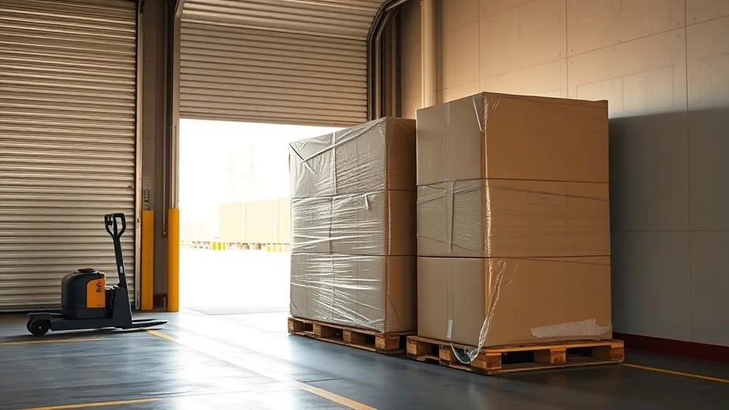 A wrapped pallet of long boxes standing on a loading dock beside an open roller door, a pallet jack alongside, daylight coming in from outside.