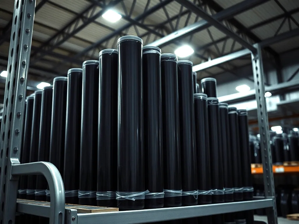 Rolls of dark window film standing on end in a steel warehouse rack, plain black cores, wrapped ends, dim overhead light.
