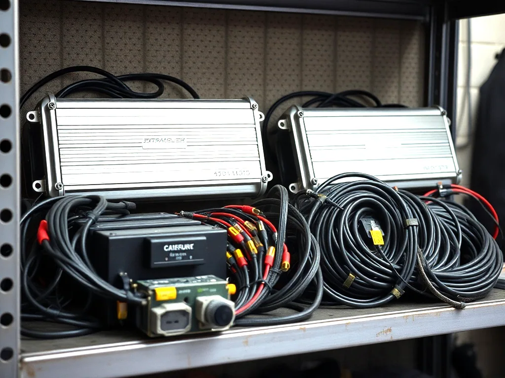Amplifiers, a fuse block and coiled twelve volt wiring harnesses laid out on a steel shelf, plain unbranded housings.