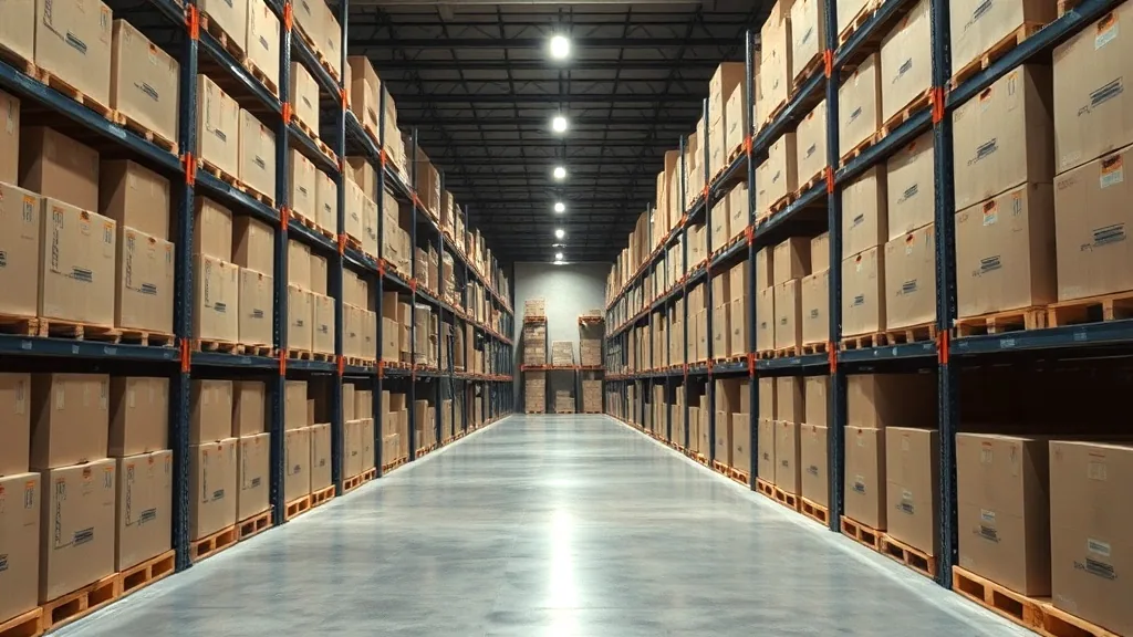 A wide aisle in a distribution warehouse, steel pallet racking both sides stacked with plain unmarked cartons, polished concrete floor.